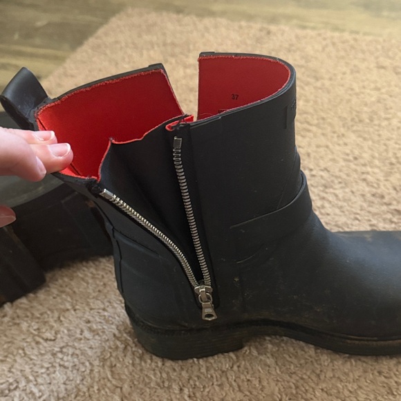 rag & bone Black Leather Winter Rain Boots with Red Lining